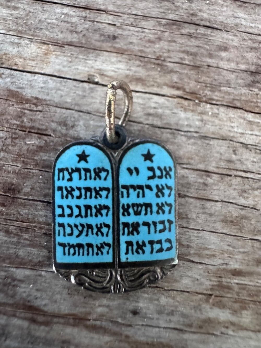 Sterling Silver Hebrew Ten Commandments Charm Pendant Blue Enamel Judaica VTG